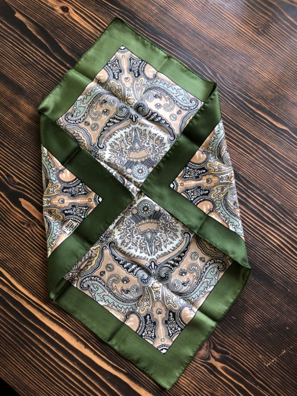 Green Cream Silk Scarf 17 Inches Square by London of Liberty - Picture 11 of 12